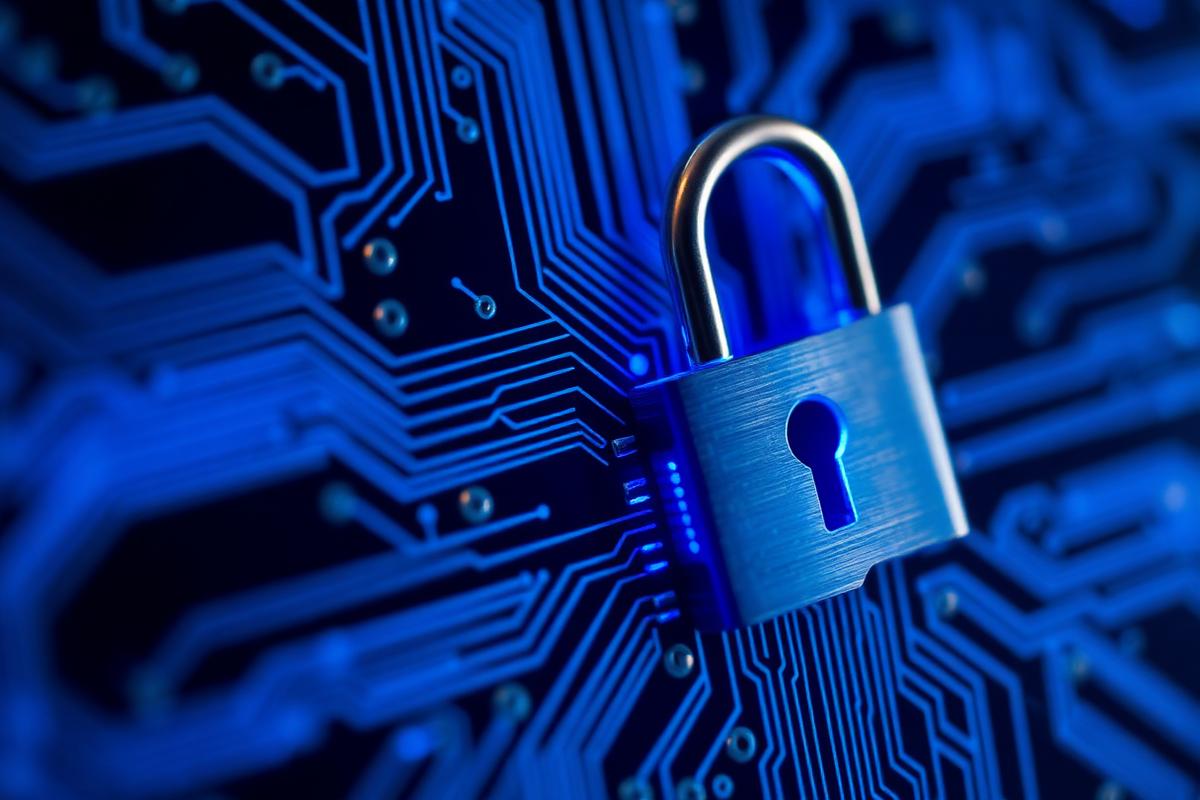 Metal padlock resting on a blue illuminated circuit board